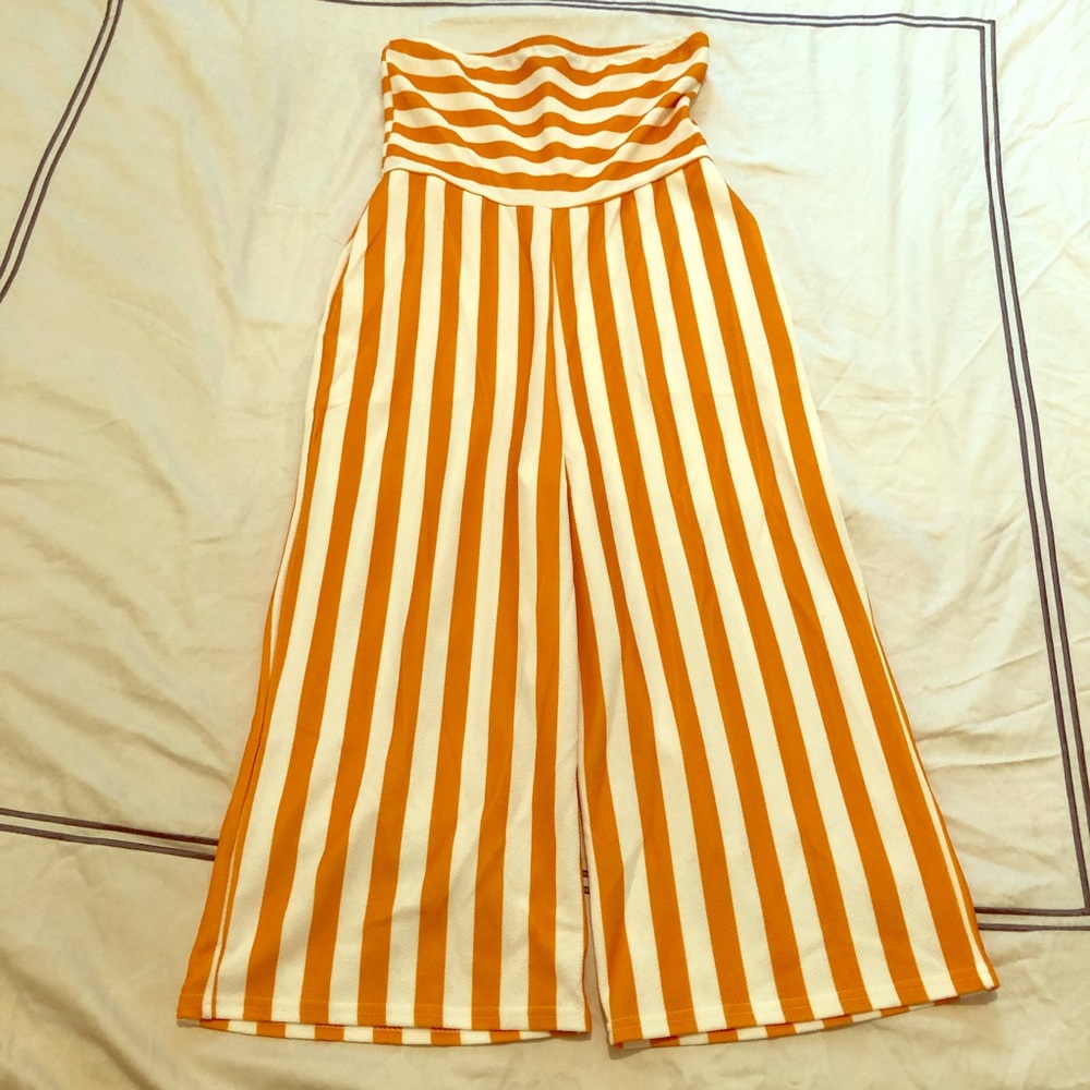 Mustard striped strapless romper